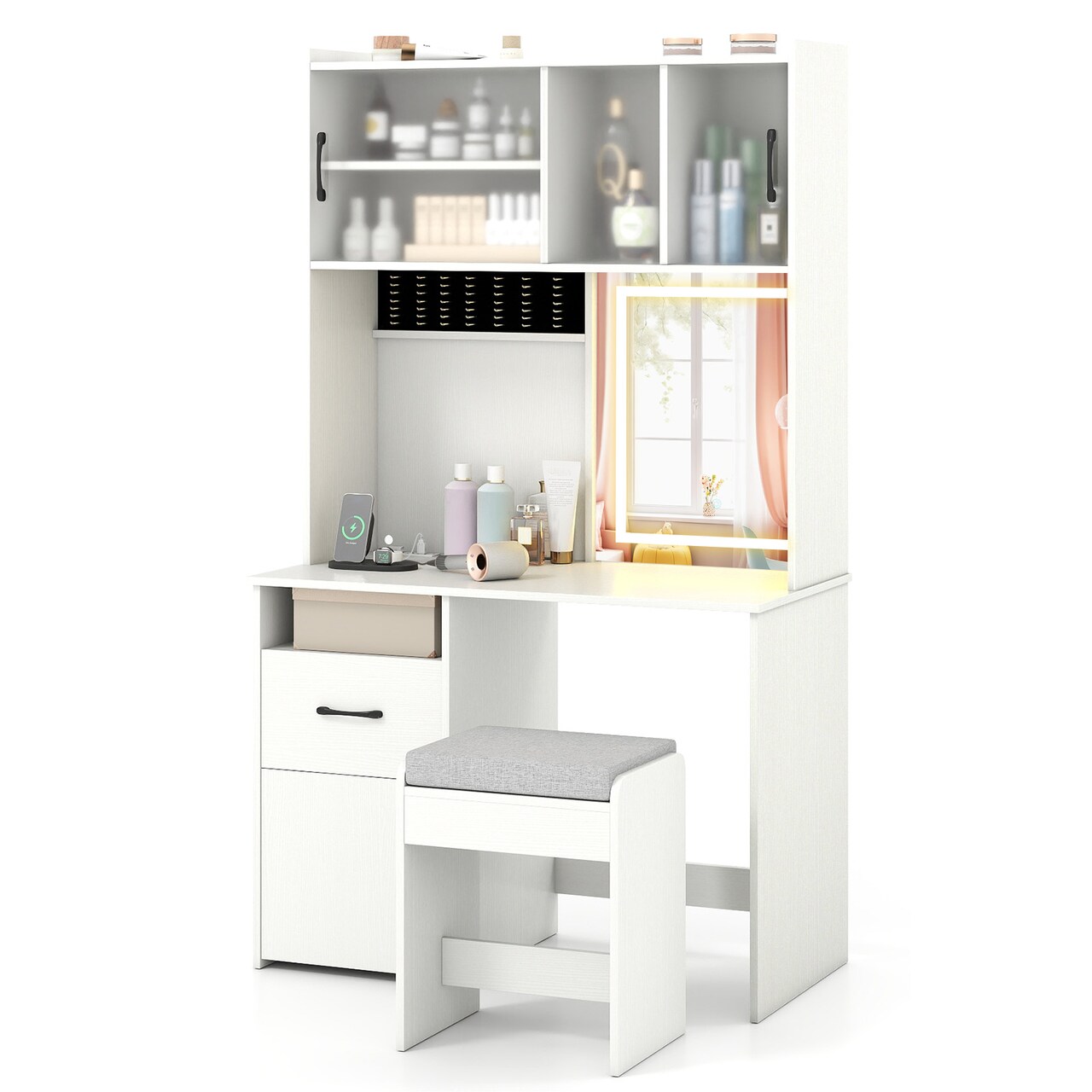 White 67" Tall Vanity Set with Mirror, Makeup Dressing Table and Charging Station